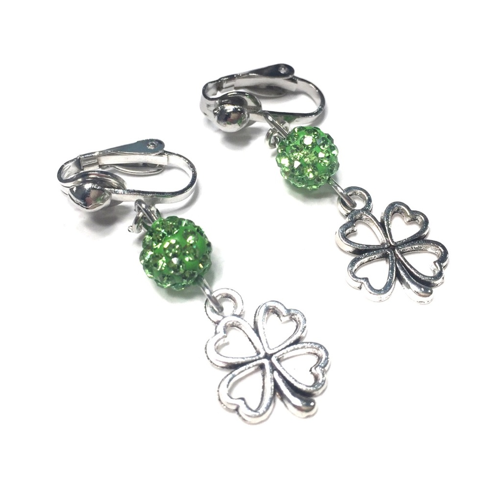 Handmade Shamrock Green Rhinestone Clip On Earrings Women St. Patrick's Day Gift